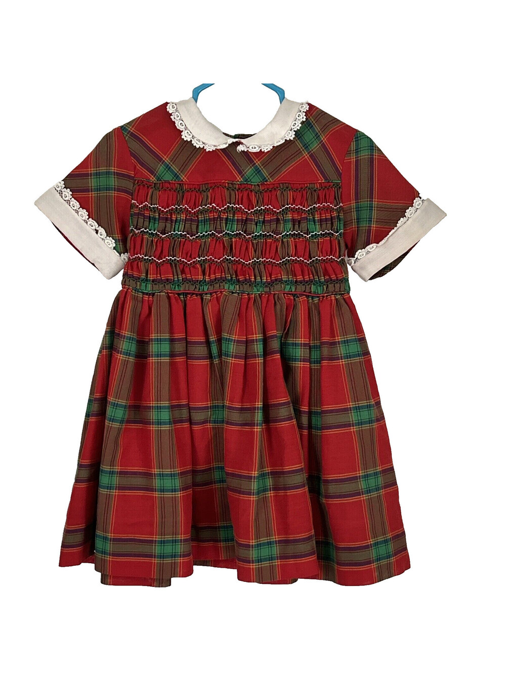 Vintage Handmade Size 3 Red Smocked Buffalo Plaid Short Sleeve Dress Cottagecore